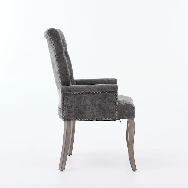 Upholstered Chenille Fabric Accent Dining Chair, Curved Solid Wood Legs, Elegant Tufted Club Dining Room Kitchen Room Arm