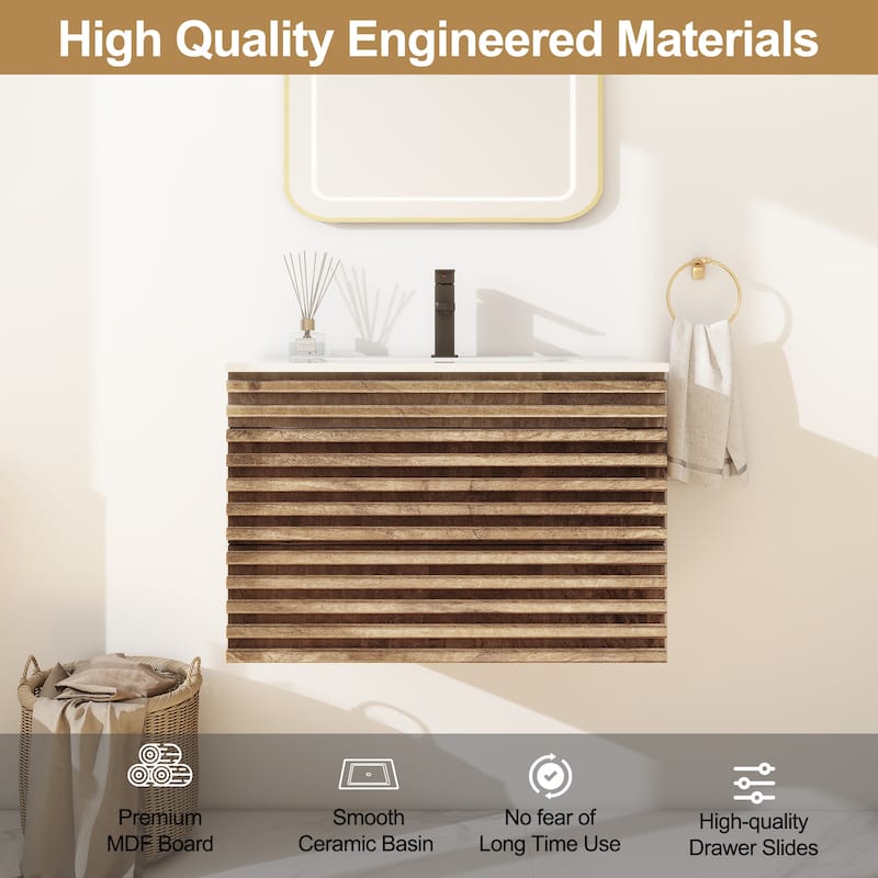 Wall Mounted Bathroom Vanity Set W/ Drop in Sink Mid-Century Cabinet Set