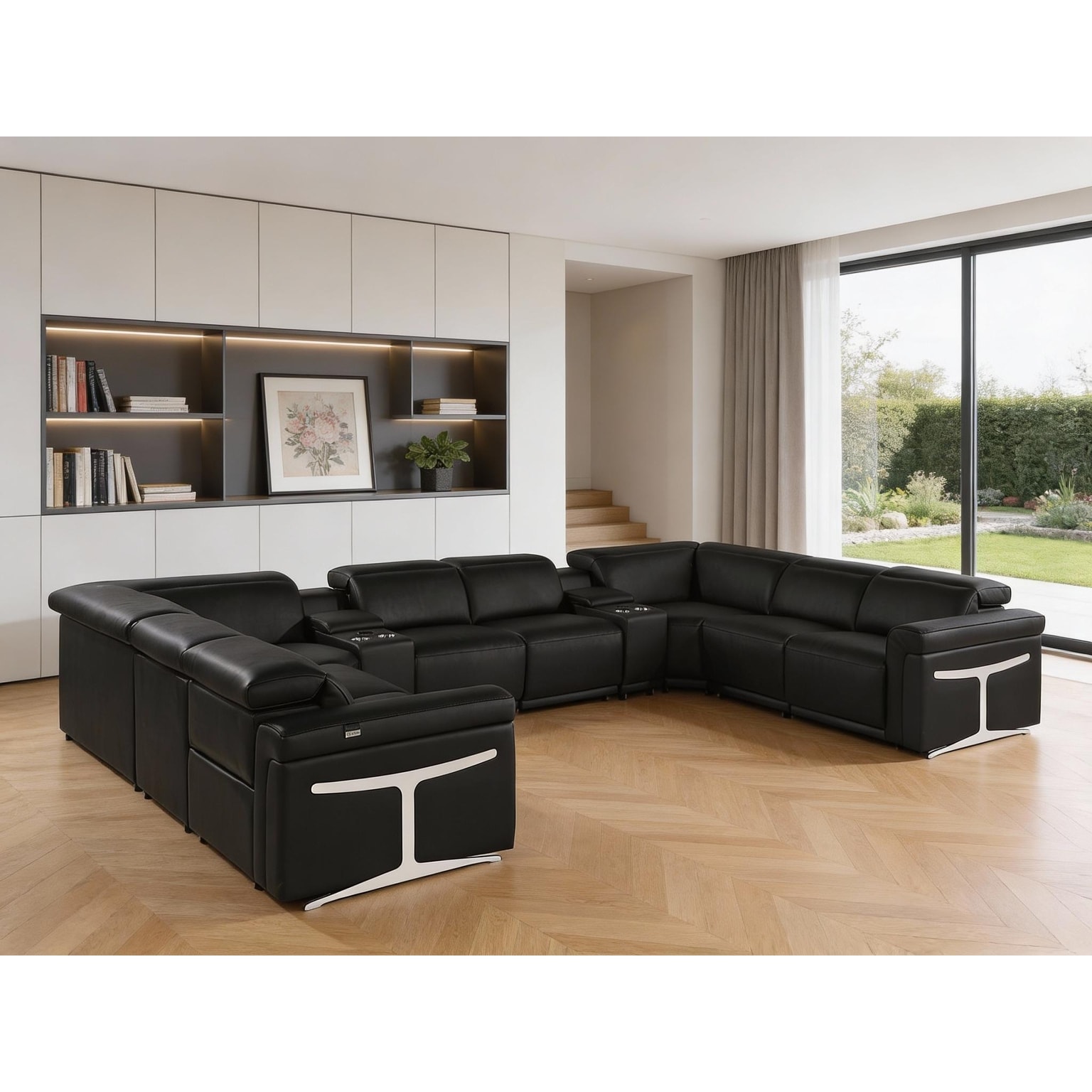 HomeRoots Black Italian Leather Power Reclining U Shaped Ten Piece Corner Sectional With Console