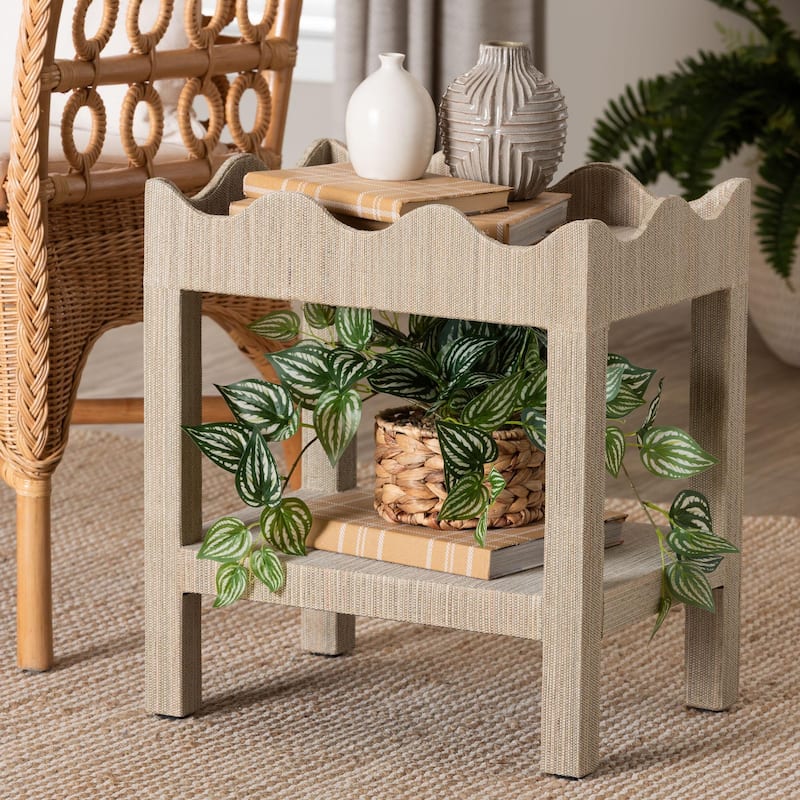 Sebastian Grasscloth Scalloped End Table - 2-Tier Accent Table with Open Shelf Storage for Living Room, Bedroom, or Entryway
