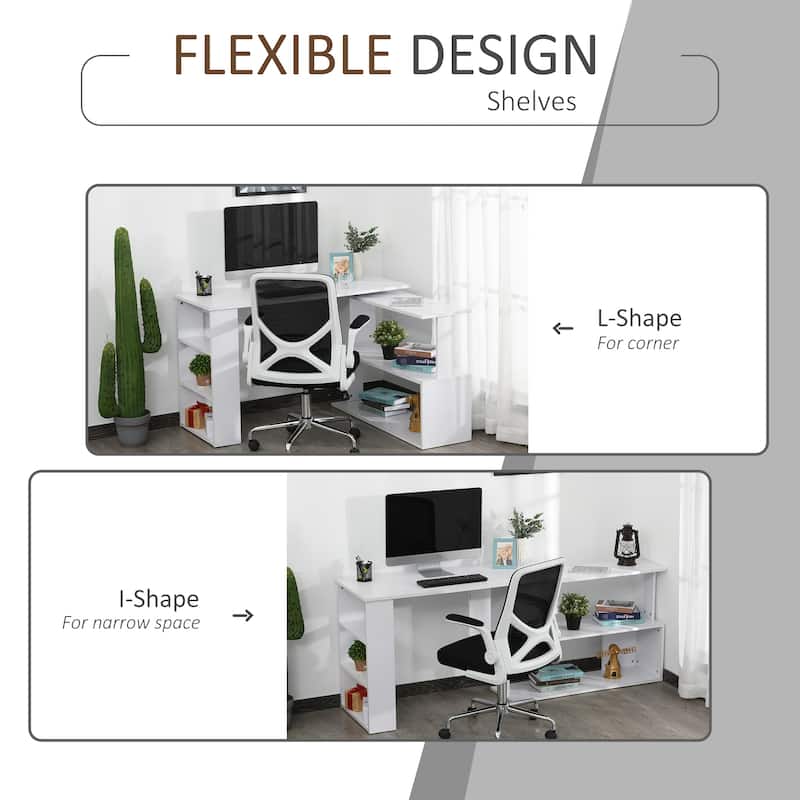 HOMCOM 360° Rotating L-Shaped Corner Desk: White, with Storage Shelves