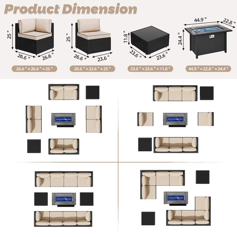 11 Piece Sectional Seating Group with Fire Pit and Cushion