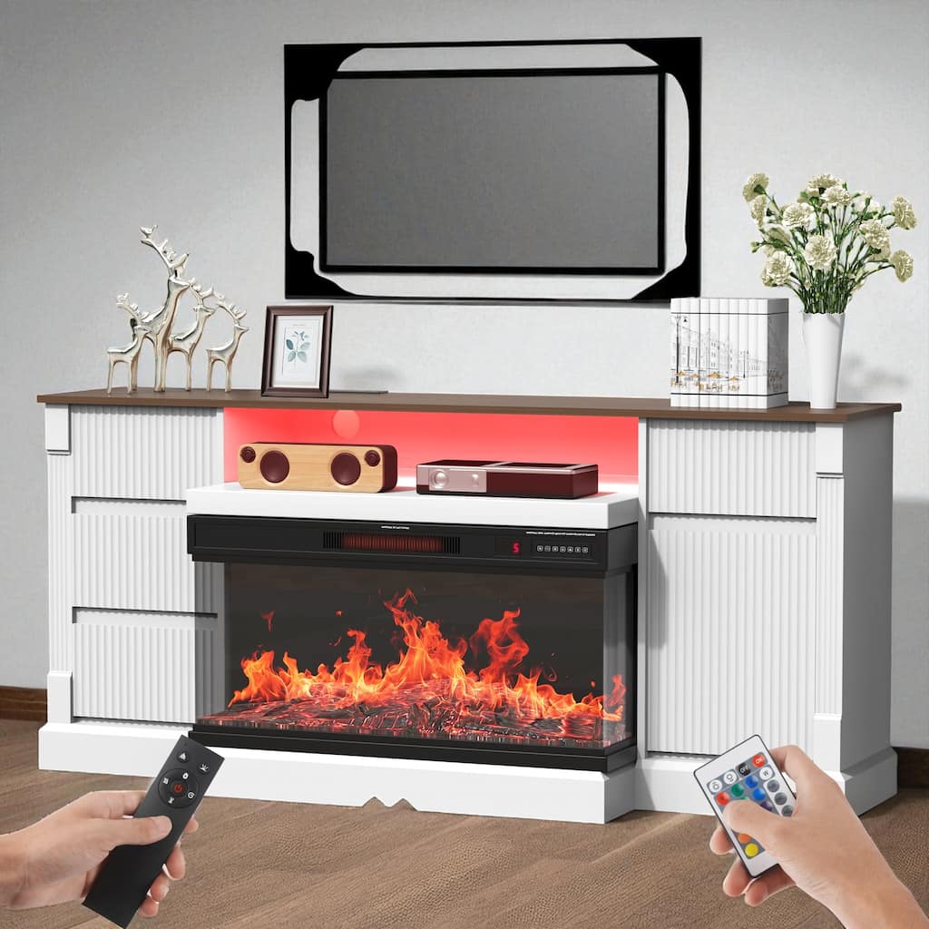 Modern 70 Inch TV Stand with Electric Fireplace, 3-Sided Glass, LED Lights, Storage Cabinets & Drawers, White MDF