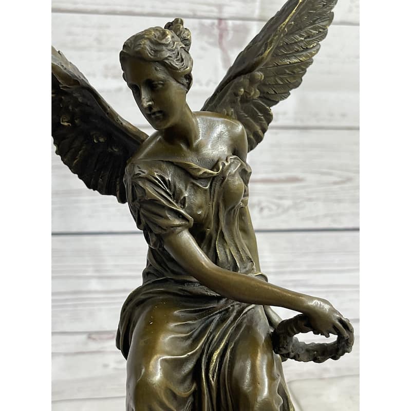 Signed Moreau Angel Sits On Celestial Throne Bronze Marble Sculpture Decor
