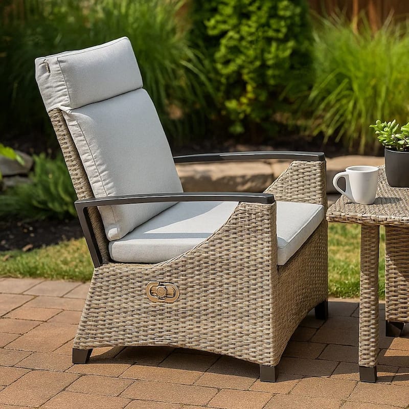 Foca 26 Inch Outdoor Dining Armchair, Faux Wicker, Gray, Tufted Backrest