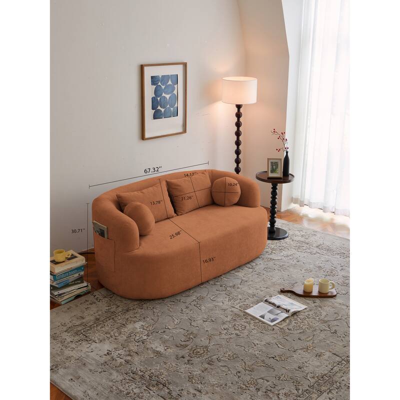 Modern Memory Foam Couch 2-Seater Sofa with 4 Throw Pillows, Round Armrests, for Living Rooms, Bedrooms and Apartments, Orange