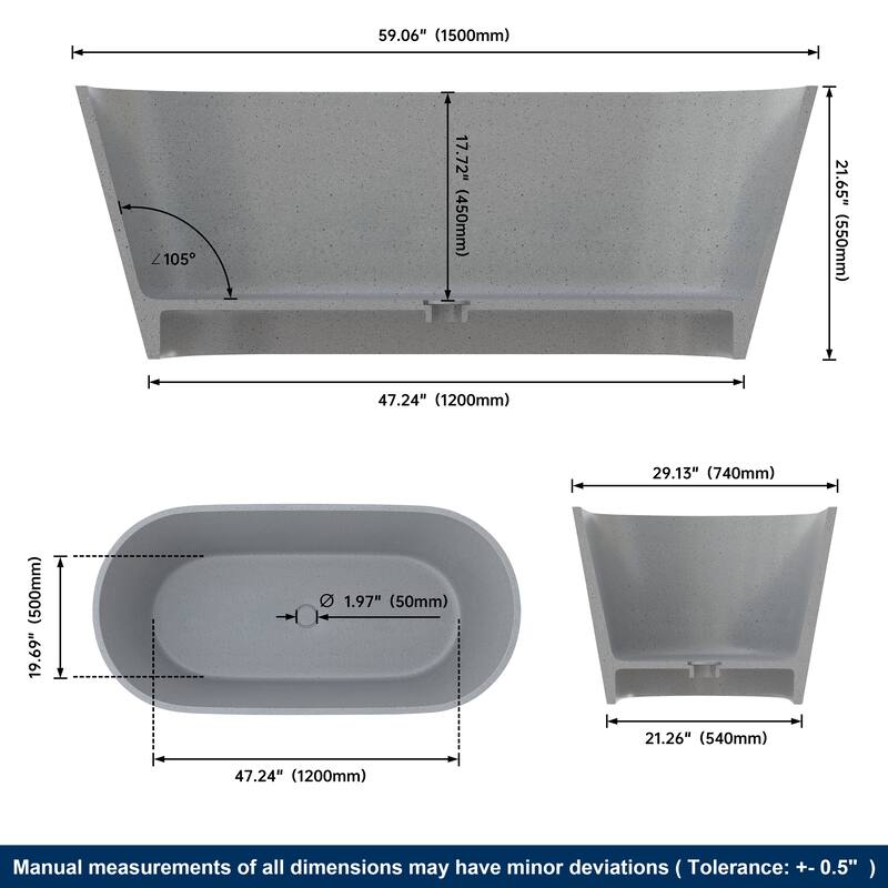 MEDUNJESS 59'' Terrazzo Freestanding Bathtub Stone Resin Soaking Tub