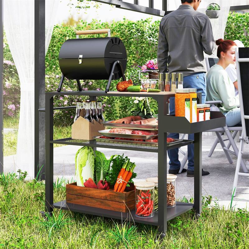 Black Metal and Steel Grill Cart with Side Storage, Grid Tray, Bottom Shelf, and Swivel Casters - 41.3" W x 19.7" D x 31.1" H