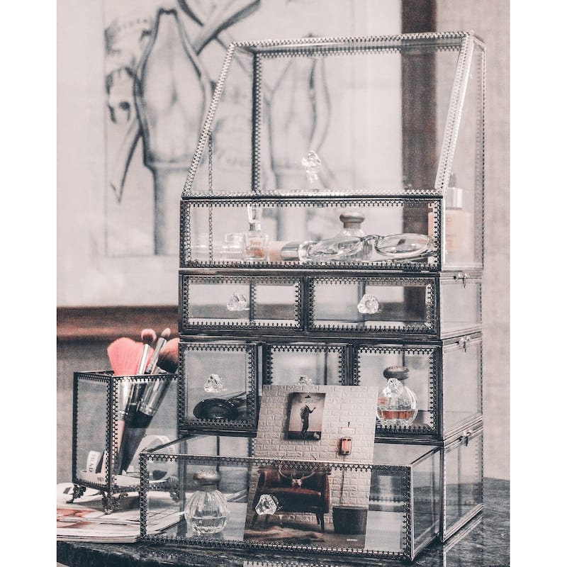 Luxury 19.25'' Height Glass Makeup Organizer With Diamond Cut for Vanity and Bathroom - 4 PIECES SET