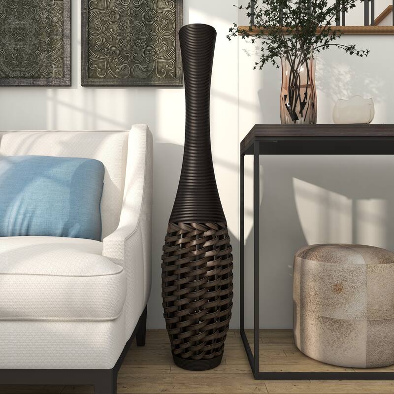 Brown Faux Seagrass Tall Woven Floor Decorative Vase with Dark Brown Wrapped Neck