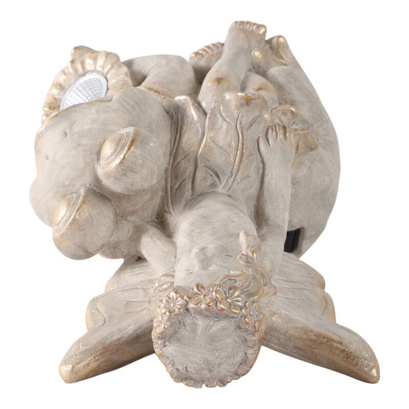 Resin Garden Statuary Fairy Sculpture Glass Orb on Tree Stump