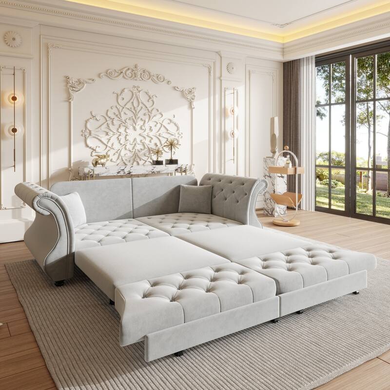 83.8" Velvet Sofa with Pull Out Bed with Rolled Arm and Flower Tufting