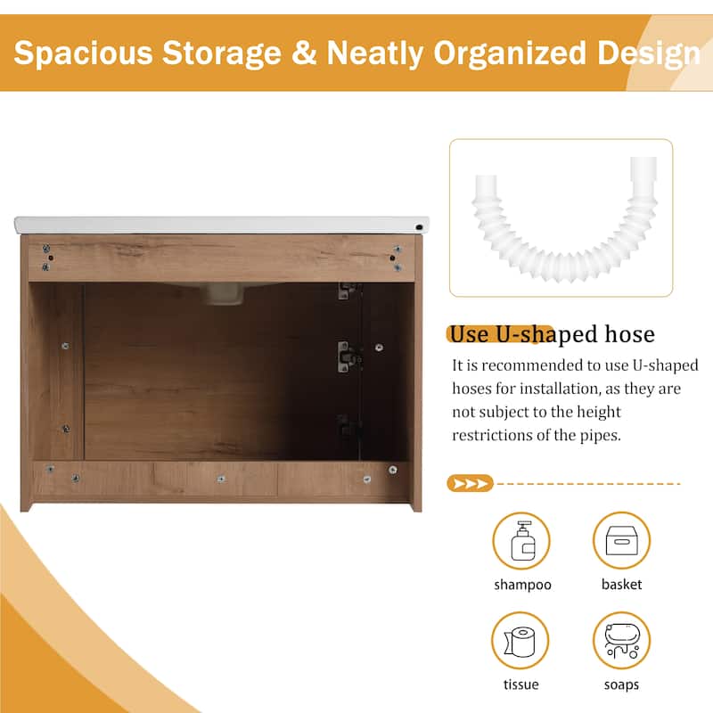 Malwee 28"/40"/52"/68" Floating Bathroom Vanity, Wall Mounted Bathroom Vanity with Ceramic Sink,Soft Close Door and Shelf