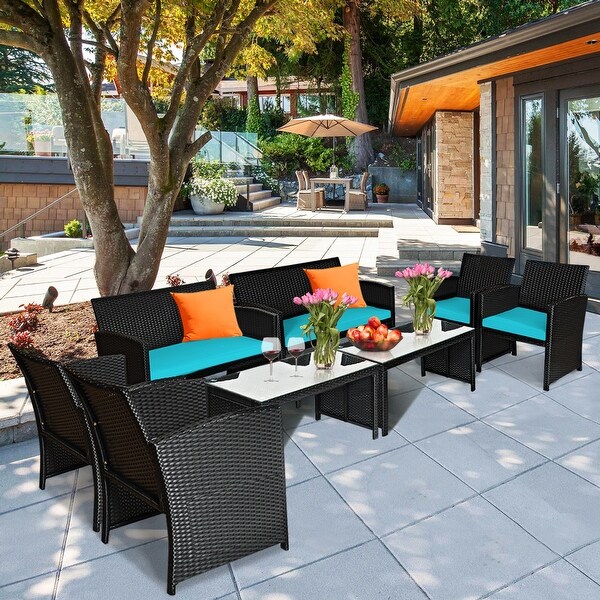 Gymax 8PCS Rattan Outdoor Conversation Set Patio Furniture Set w
