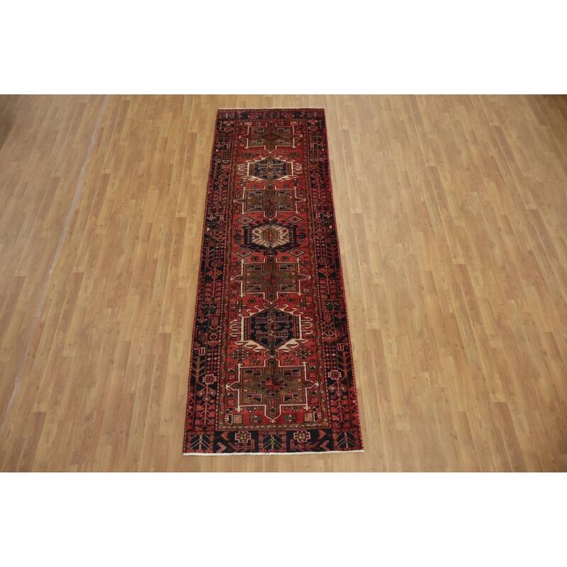 Hand Knotted Oriental 100% Wool Carpet Traditional Tribal Red Gharajeh Runner Rug - 10' 1'' X 3' 3''