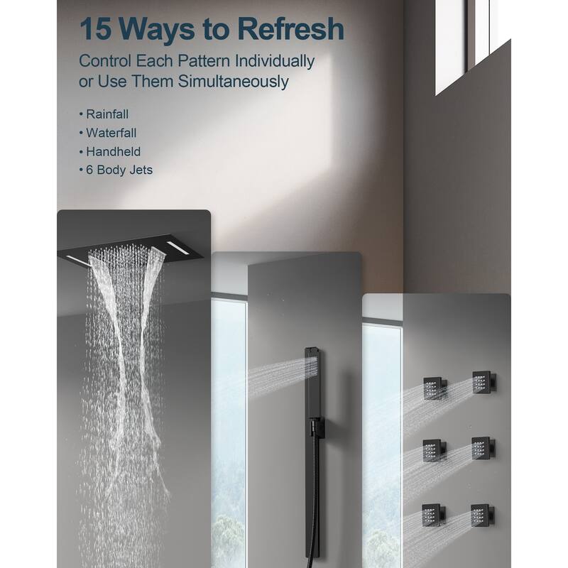 GRANDJOY Luxury Shower Faucets 22" LED Ceiling Mount Rainfall Shower Head System with 6 Body Jets