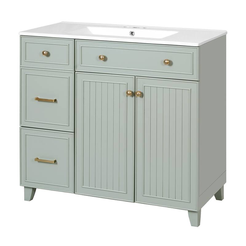 36" Bathroom Vanity with Ceramic Sink, Standard and Double-Layer Drawers, Soft Close Doors, Adjustable Shelves, Storage Cabinet