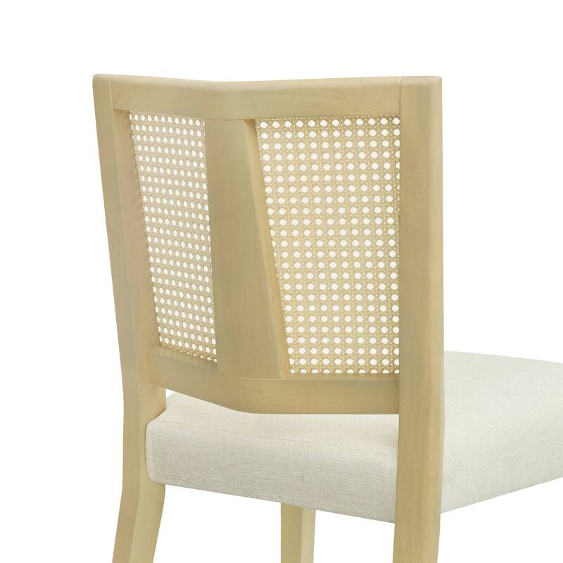Fabric Dining Chairs Set of 2, Ergonomic Kitchen Side Chairs, Upholstered Accent Chair with Rattan Back & Solid Wood Legs