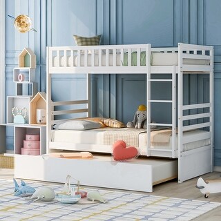 White Twin Bunk Beds for Kids with Safety Rail and Movable Trundle Bed