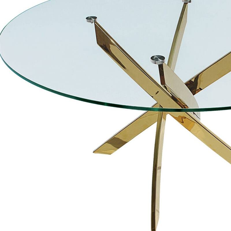 HomeRoots 54" Clear and Gold Glass and Metal Cross Leg Base Round Top Dining Table - 54.00 in. x 30.00 in. x 54.00 in.