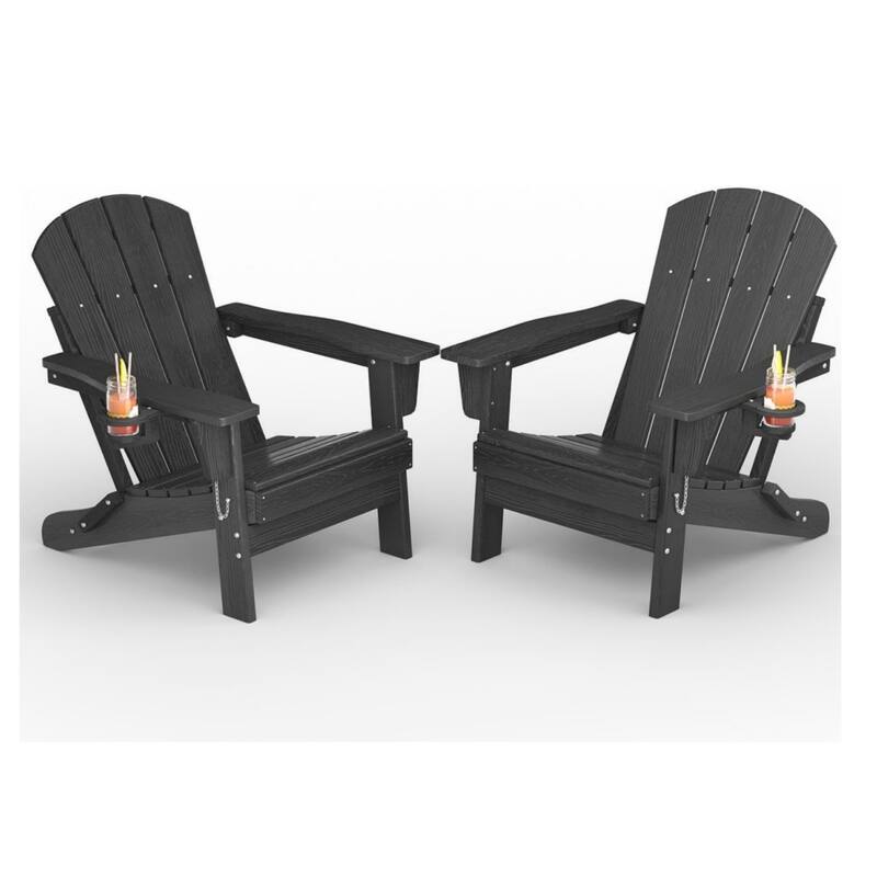 2-Pack Folding Adirondack Chairs HDPE All-Weather Outdoor Seating with Cup Holder and Wood-Look Texture - Black