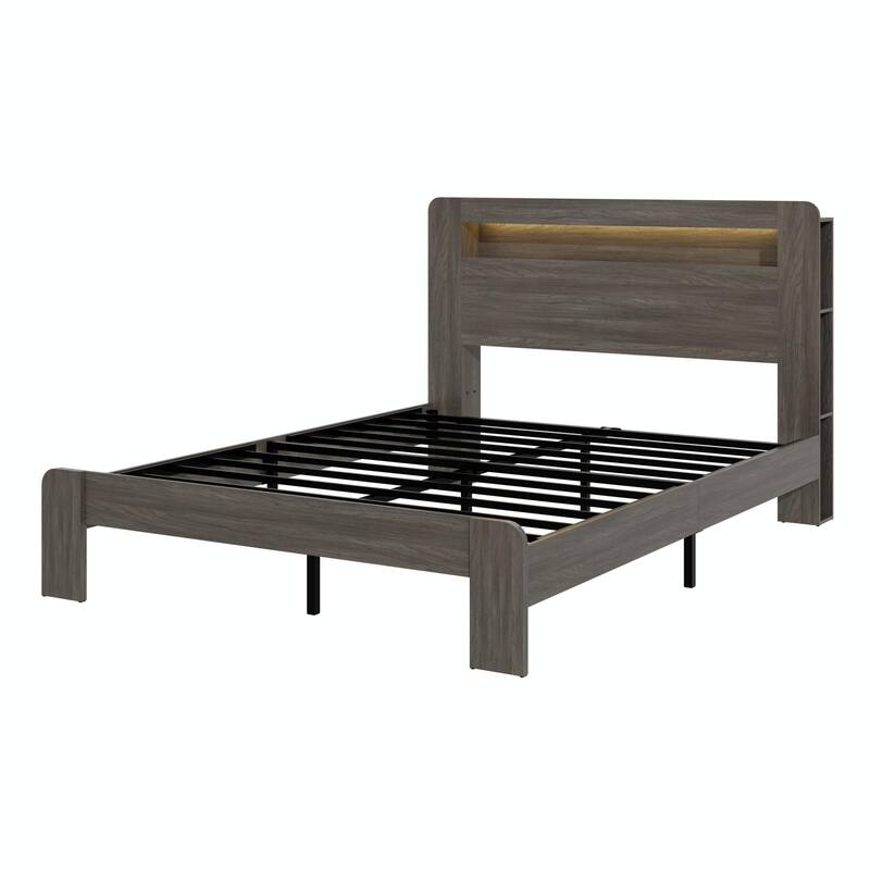 Wood Platform Bed Frame with Storage, LED Light Headboard and 2 USB Ports, Noise-Free