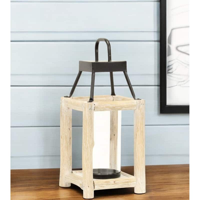 15" Natural And Black Glass Metal And Wood Tabletop Lantern Candle Holder - Small - Black/Natural - Small