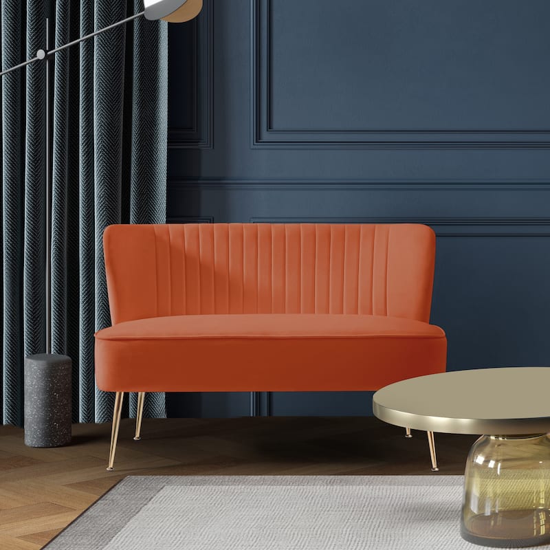 Farrah Upholstered Velvet Polyester 46" Wide Loveseat - Armless/ Scalloped Back - Orange