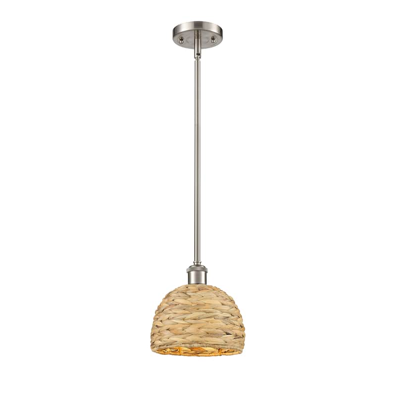 Innovations Lighting Woven Rattan - 1 Light 8" Stem Hung Pendant - Satin Nickel/Natural Rattan