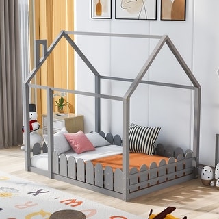 Full Size Wood House Bed Frame with Fence, Perfect for Kids' Play and Sleep Space
