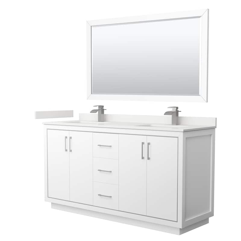 Icon 66-inch Double Vanity, Quartz Top, 58-inch Mirror - White, Nickel Trim, White Quartz Top