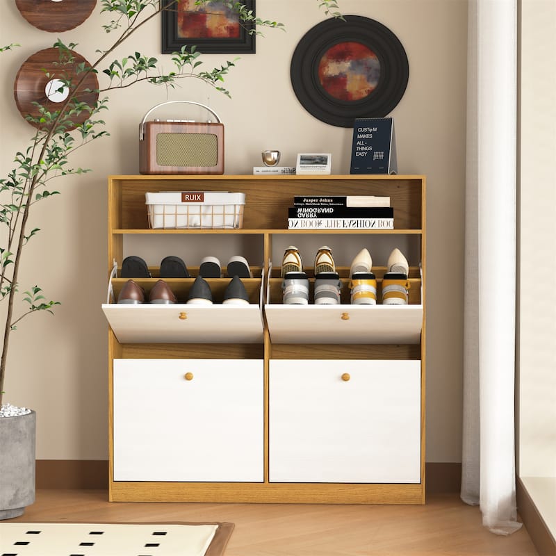 Freestanding Shoe Storage Cabinet with 4 Flip Drawers and Wood Handle
