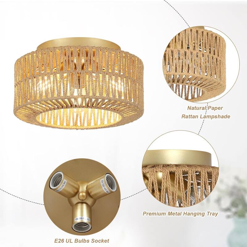 Boho Light Fixtures Ceiling Mount,3-Light Farmhouse Rattan Ceiling Light Fixture,Flush Mount Ceiling Light with Hand-Woven Shade