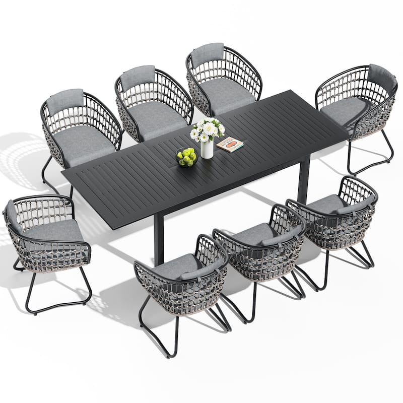 9-Piece Outdoor Dining Set Expandable Aluminum Dining Table Rectangular with PE Rattan Chairs