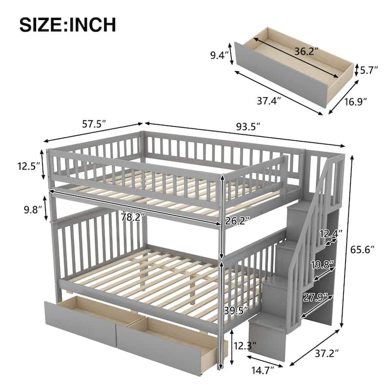 Full over Full Bunk Bed with 2 Drawers and Storage, White