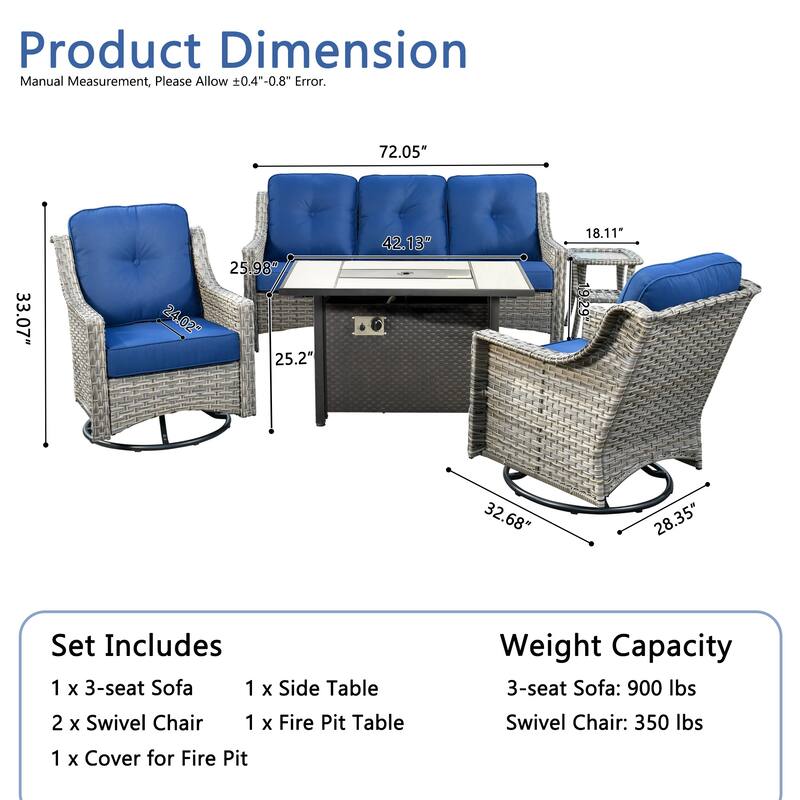 HOOOWOOO 5-piece Wicker Outdoor Furniture Swivel Chairs Set with Fire Pit