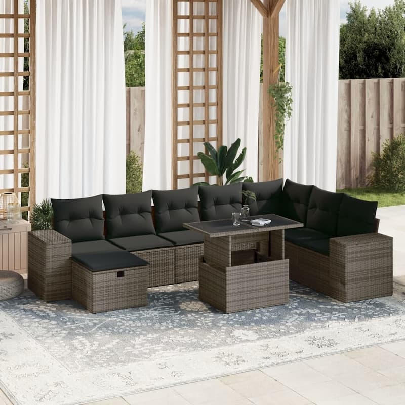 vidaXL Patio Sofa Set with Cushions Outdoor Furniture 9 Piece Poly Rattan - Grey - 21.7 x 39.4 x 27.2 in