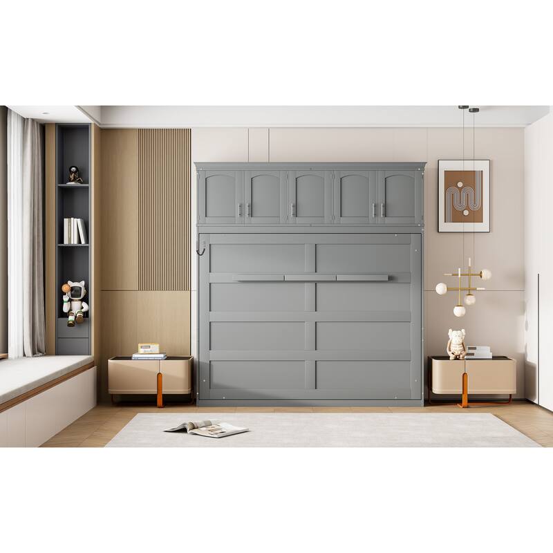 Space-Saving Full Size Wall Bed with Top Cabinets, Gray