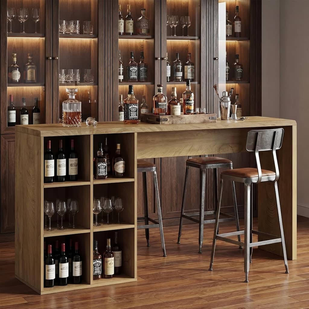 71-Inch Bar Table with 6 Cubbies Storage, Rectangular High Top Home Bar Unit for Kitchen, Dining Room, Living Room