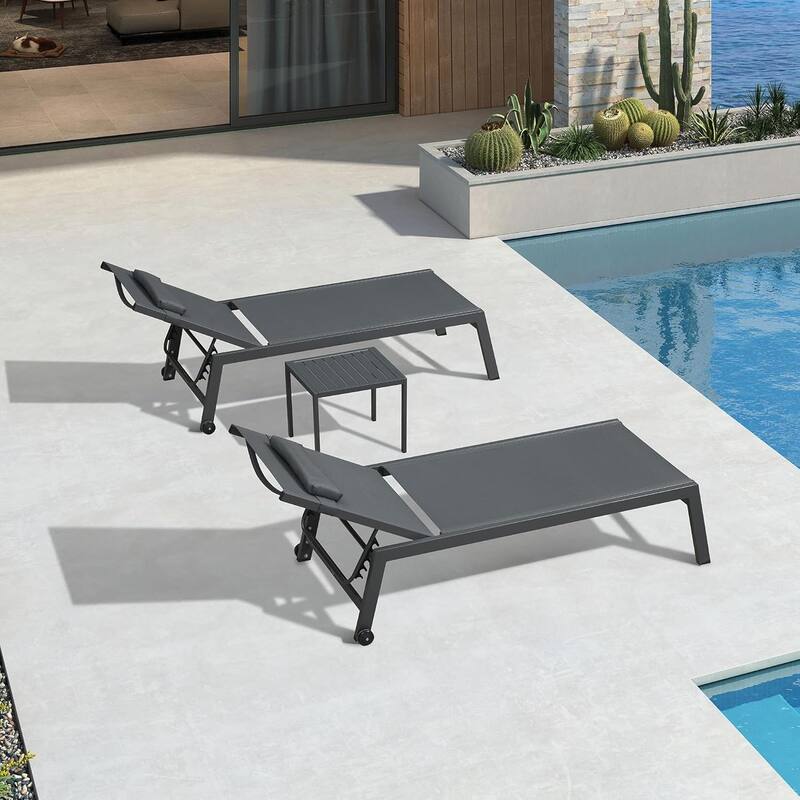 PURPLE LEAF Lounge Chair Set for Outside Aluminum Patio Recliner with Side Table and Pillow Beach Sunbathing Tanning Chairs - Oversized(Grey)