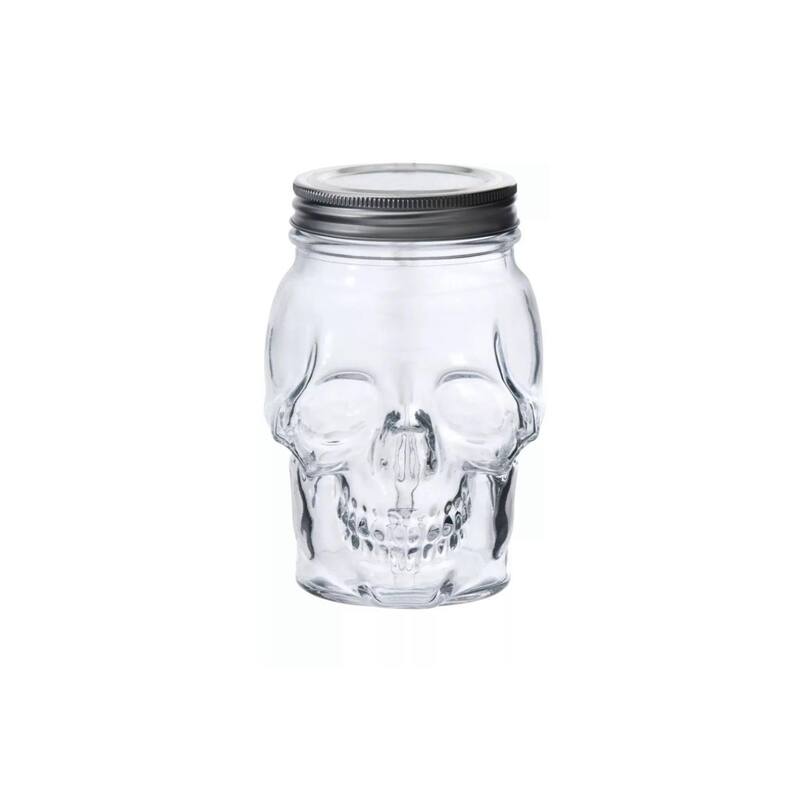 Skull Mason Jar Mug Glass Set (2 Containers & 2 Lids) Halloween Décor, Drinking Glasses, Storage Containers
