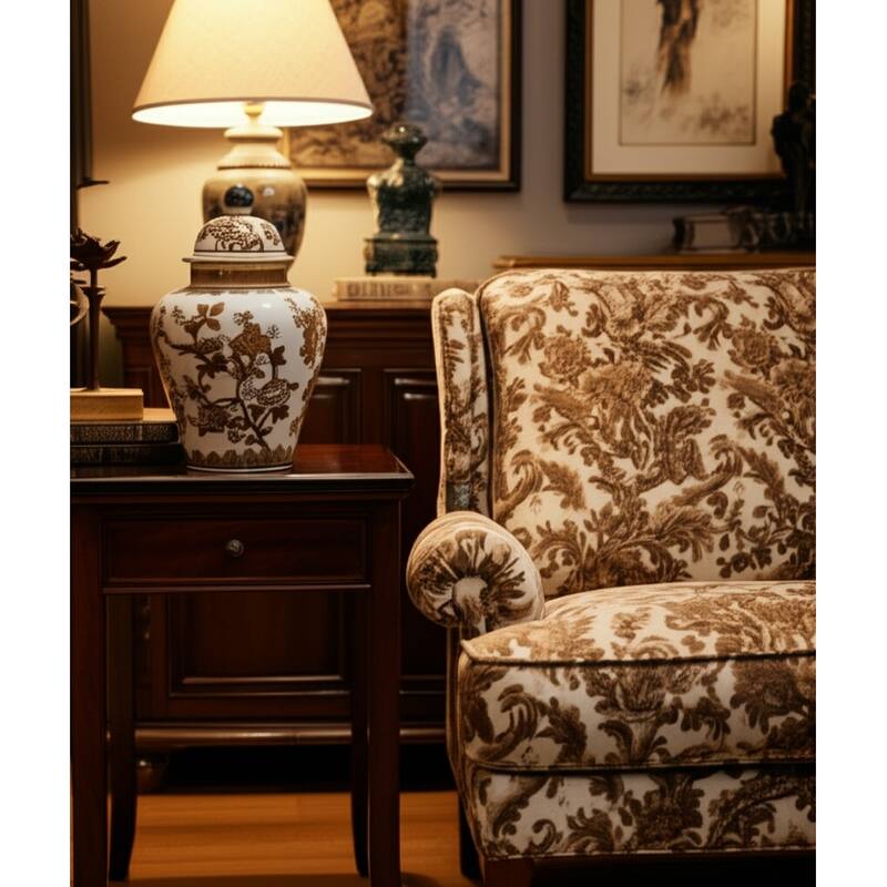 Decorative Chinoiserie Temple Jar - White & Brown, 12"