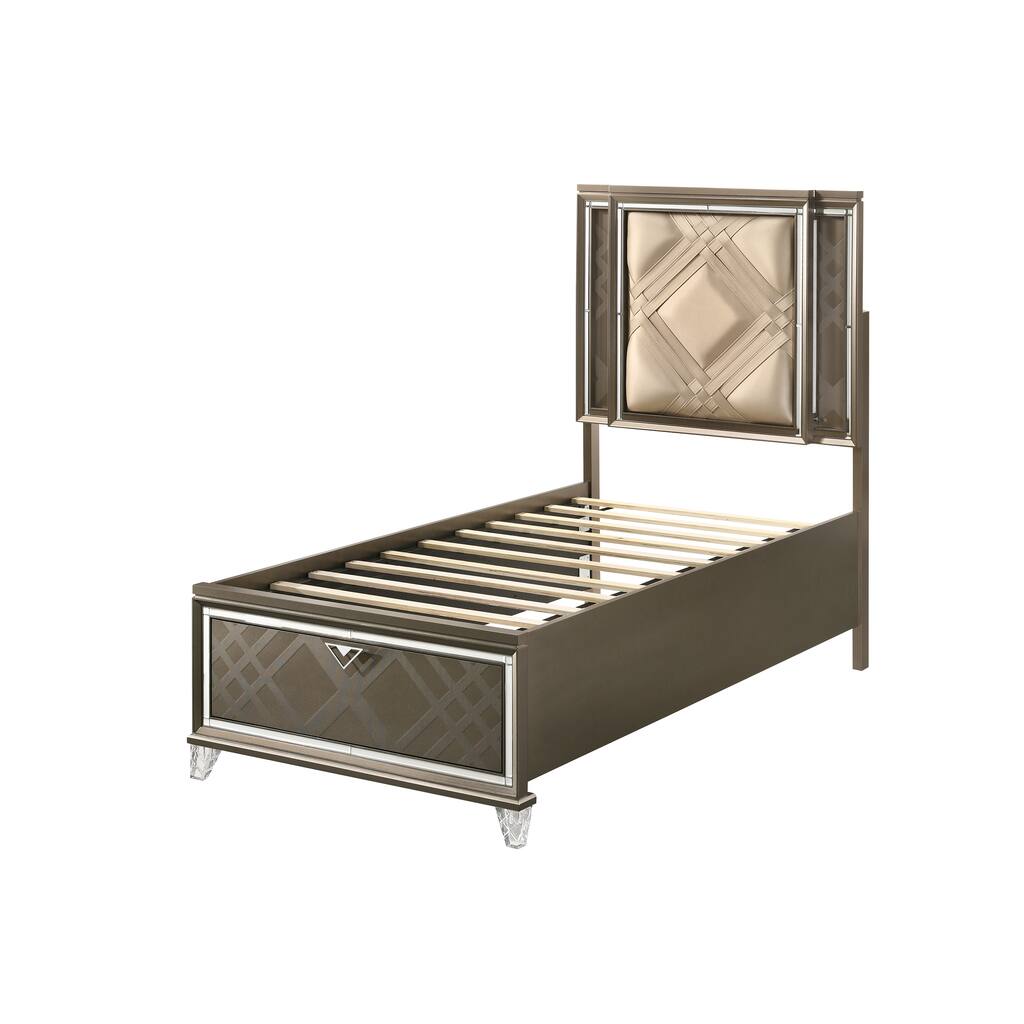 Modern Style Wood Platform Bed with Champagne Leatherette Geometric Padded Headboards and Touch Function LED Lighting