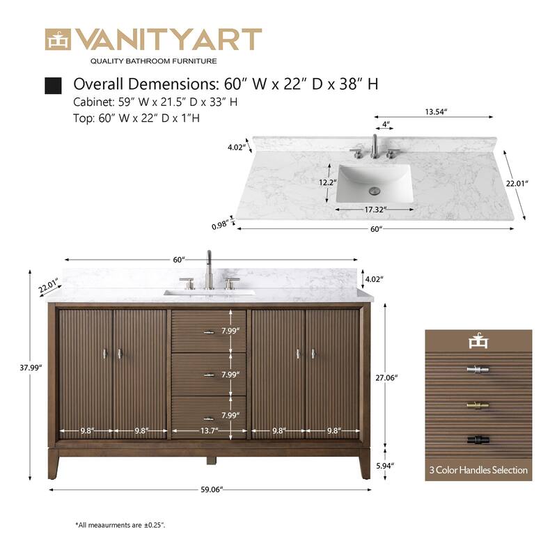 Vanity Art 60" Freestanding Bathroom Vanity with Engineered Marble Top and Sink