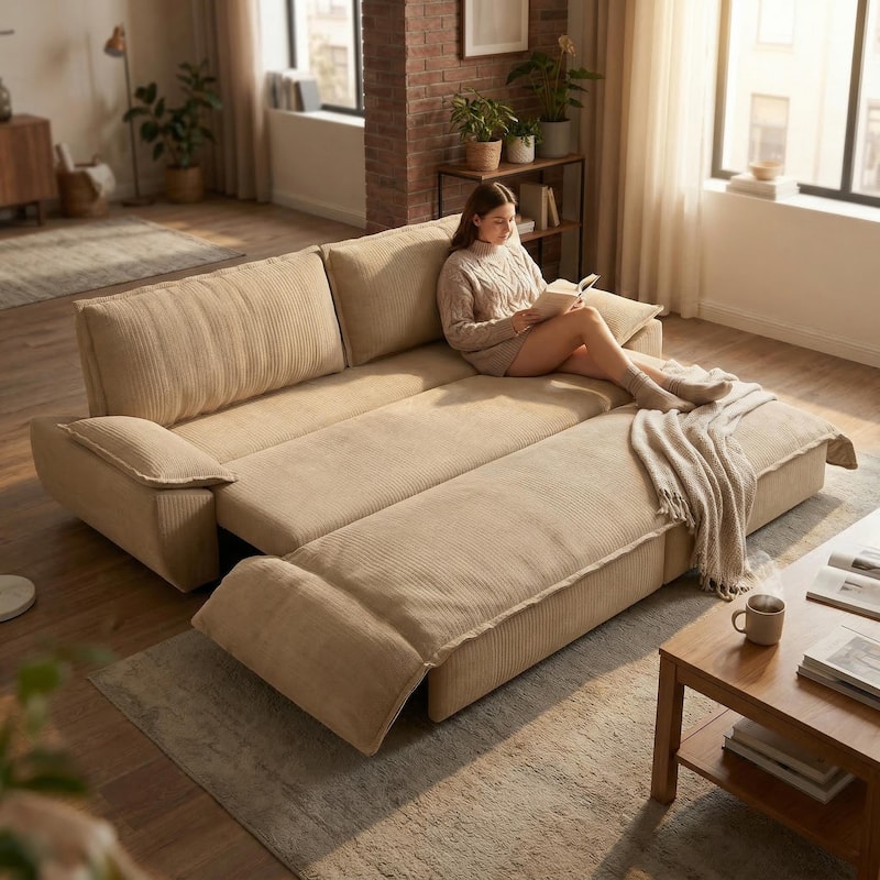 Homy Casa 72'' Queen Pull Out Sofa Bed, 3-in-1 Corduroy Sleeper Couch