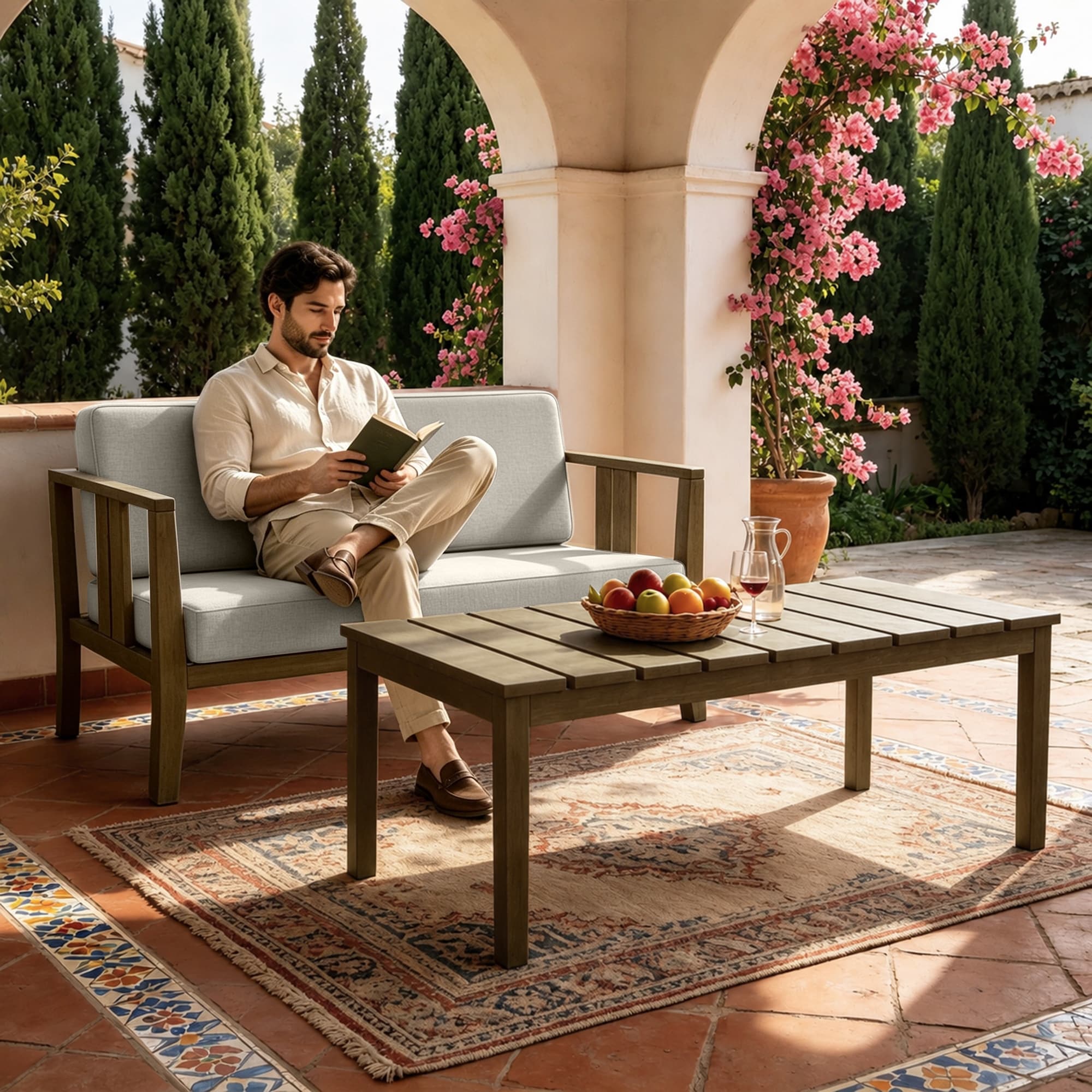 2 Piece Teak Wood Water Resistant Outdoor Loveseat and Coffee Table Set