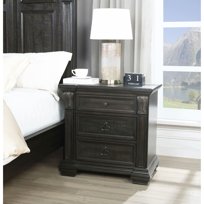 Roundhill Furniture Farson Distressed Dark Walnut Finish Wood 3-Drawer Nightstand