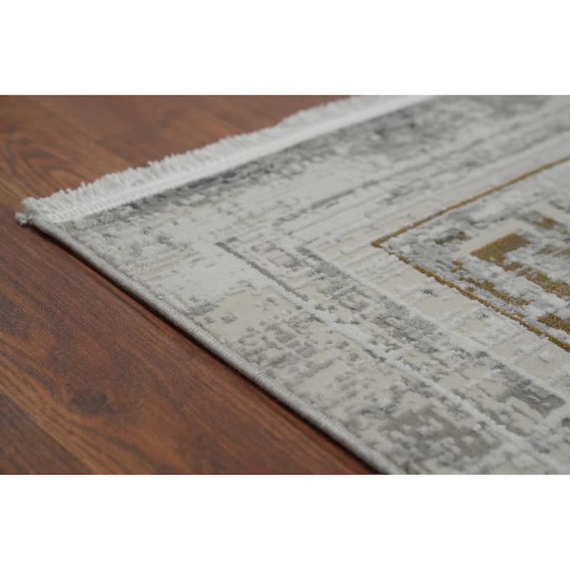 Machine Made Oriental Polyester Carpet Bordered Greys & Charcoal Distressed Area Rug - 7' 5'' X 5' 2''