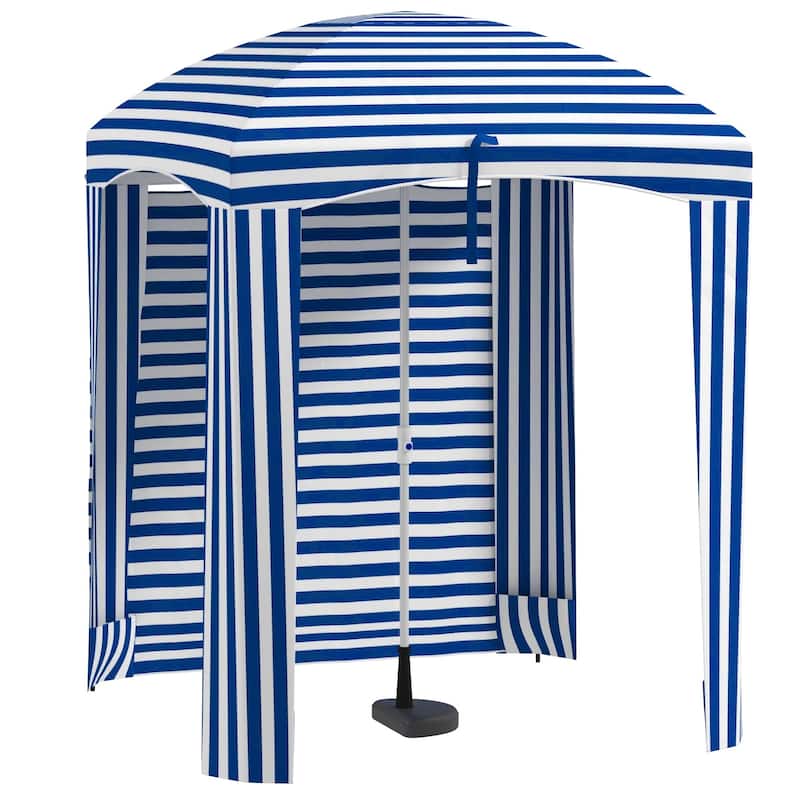 Portable Beach Cabana Umbrella with Walls, Vents, and Sandbags, Blue & White Stripe - White