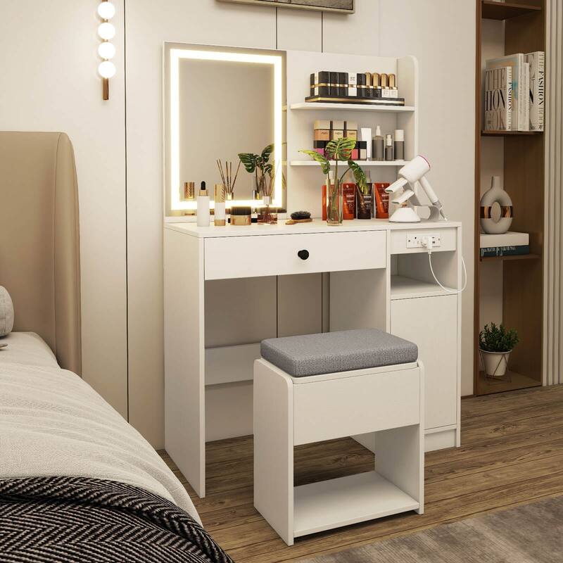 Costway Vanity Desk Set with Mirror & Lights Power Outlet Cushioned - See Details